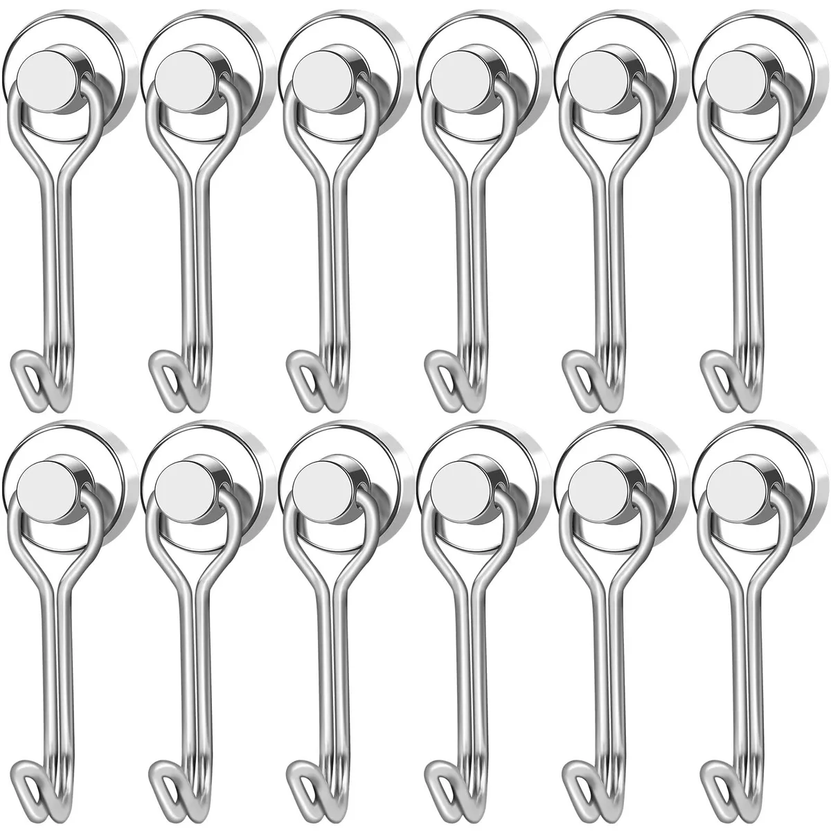 Twelve silver swivel hooks with magnetic bases, matte coated steel finish