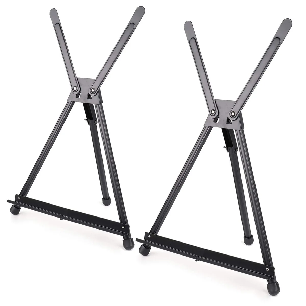 Two black aluminium A-frame tabletop easels folded to 16 inches with rubber feet