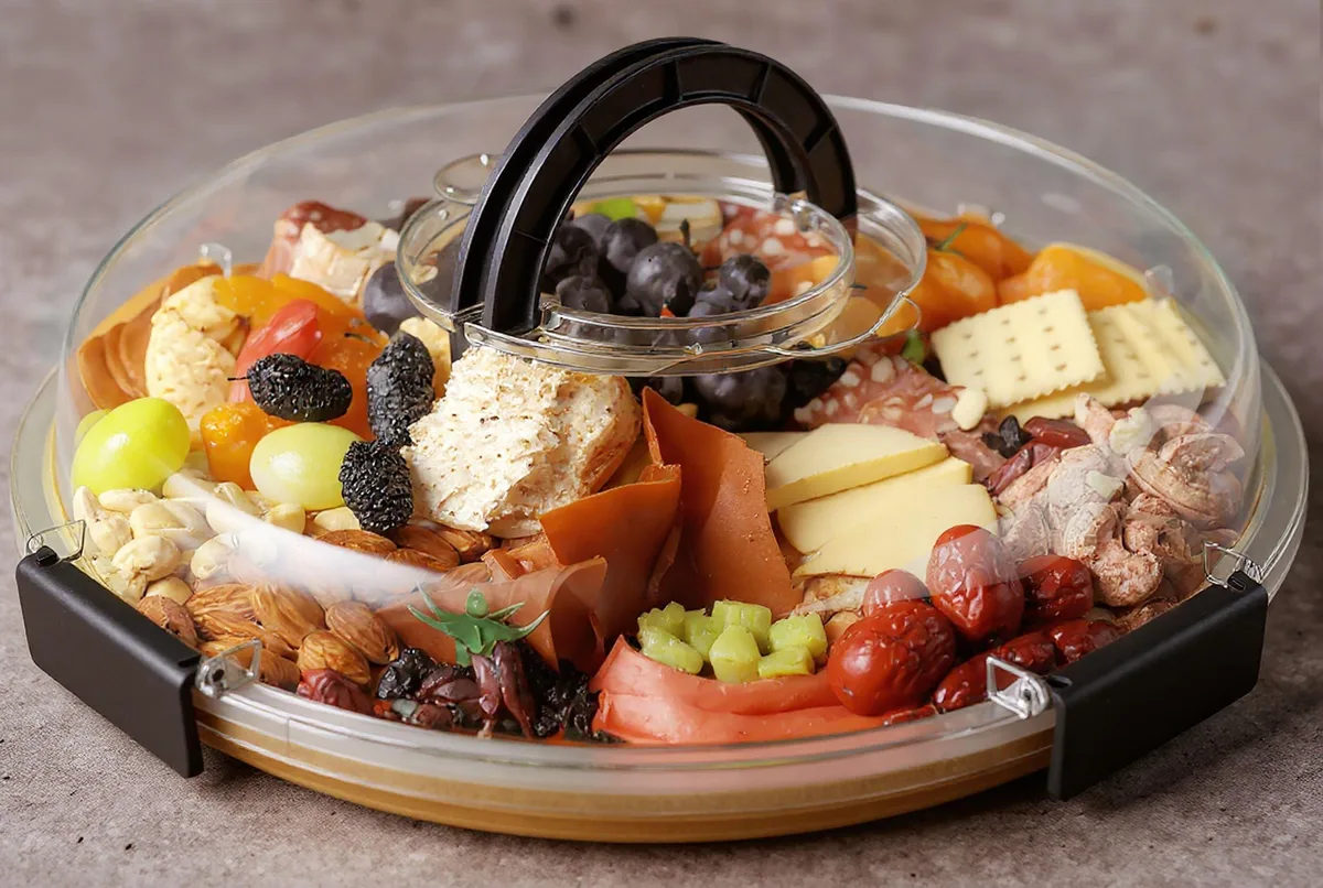 Rectangular bamboo board with clear locking lid and five compartments