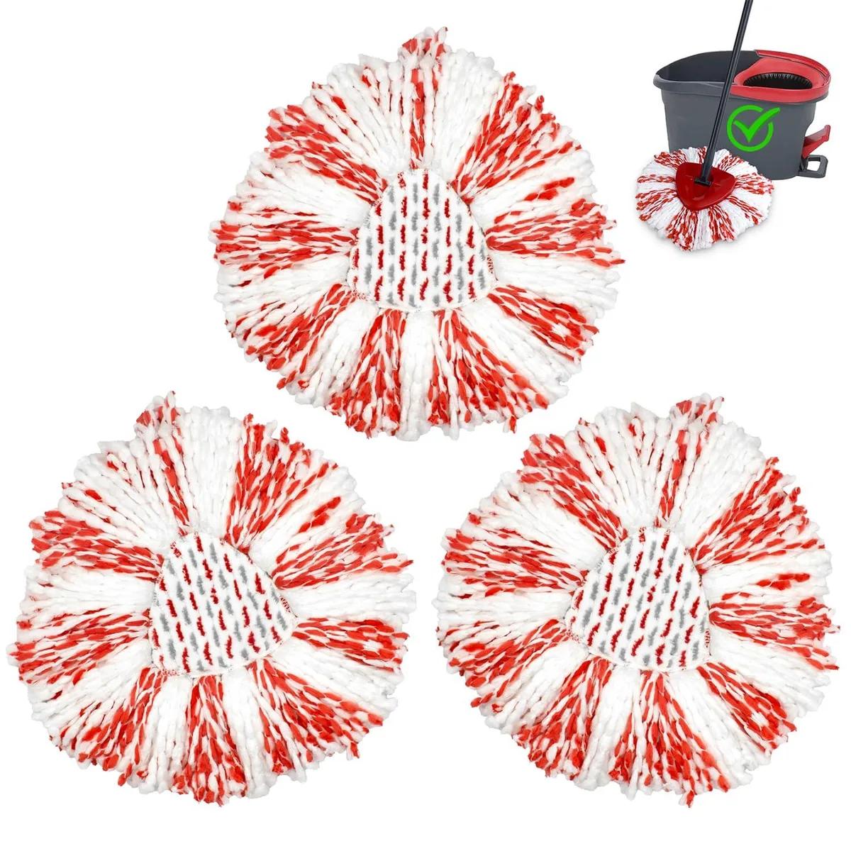 Three white microfibre mop heads with scrub pads in a clear bottle