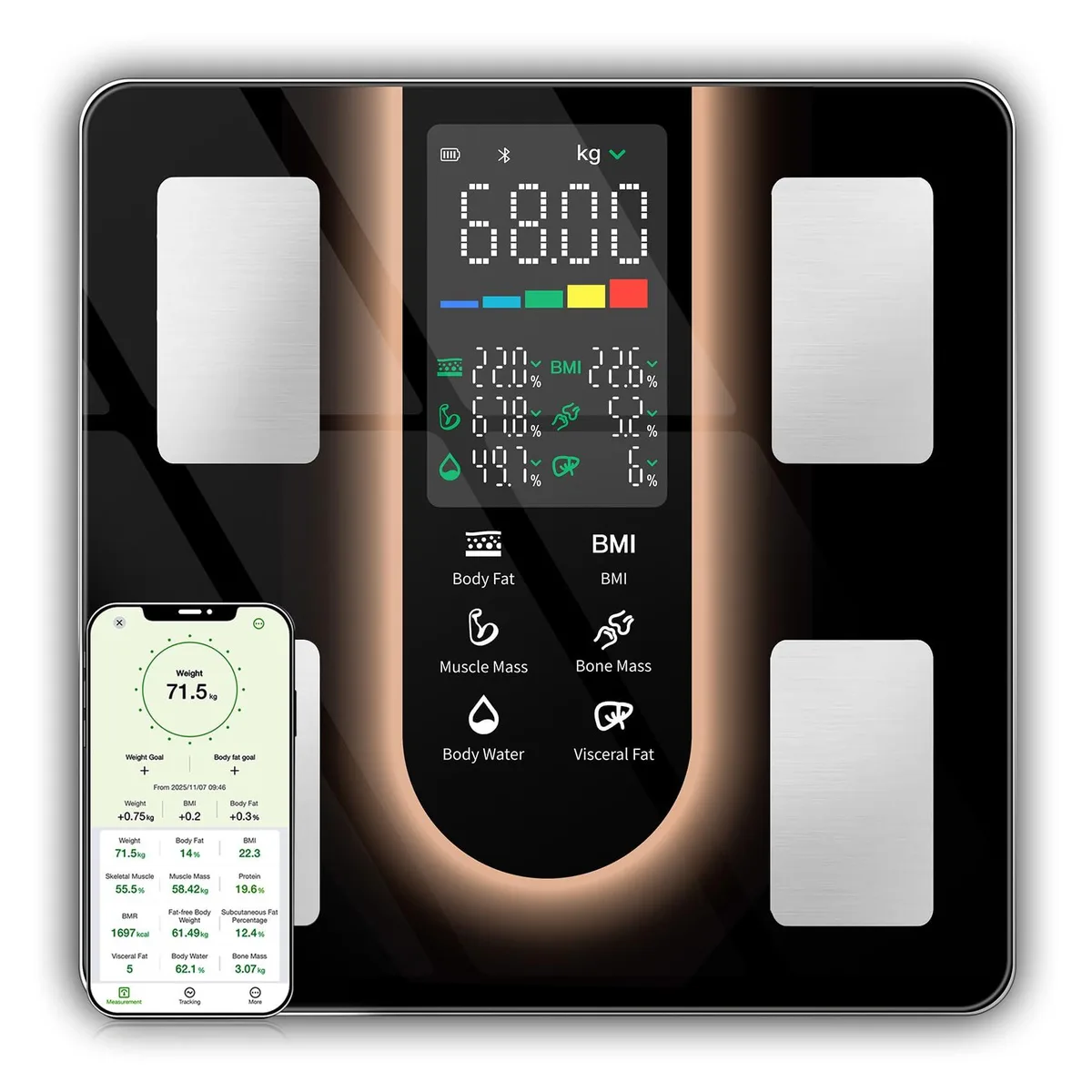 Black smart bathroom scale with a 5.8-inch color display, flat tempered glass surface, ABS body, 400lb capacity