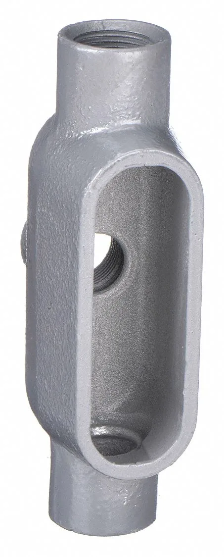 Gray iron conduit outlet body with threaded hubs and powder-coated finish