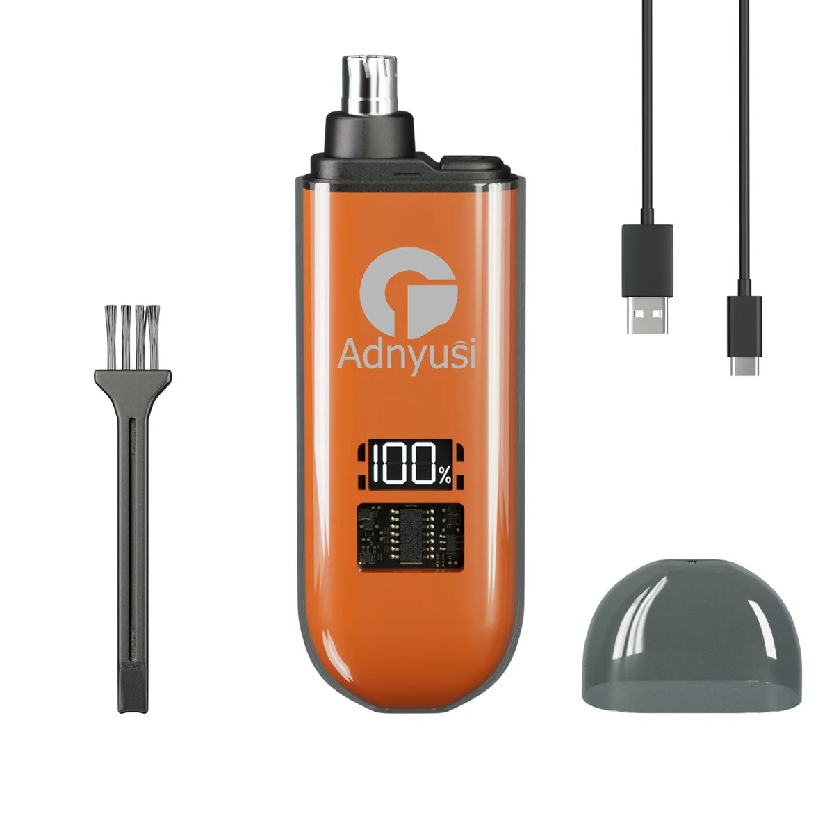 Black cylindrical nose hair trimmer with digital display and USB charging port