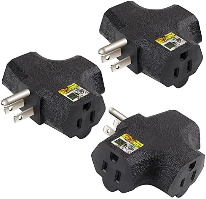 Black T-shaped three-outlet grounding adapter, three-pack
