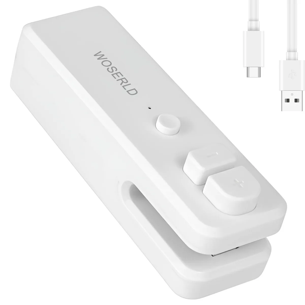 White ABS handheld bag sealer with magnetic back and USB charging cable