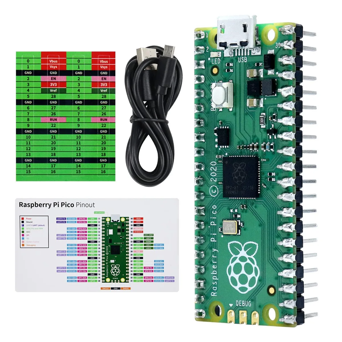 Green Raspberry Pi Pico board with pre-soldered header pins, USB cable and pinout card