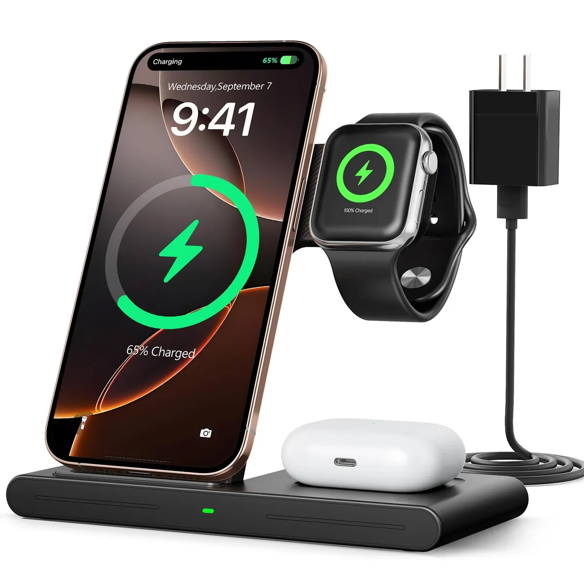 A compact foldable wireless charging pad with three designated zones for phone watch and earbuds in a matte finish