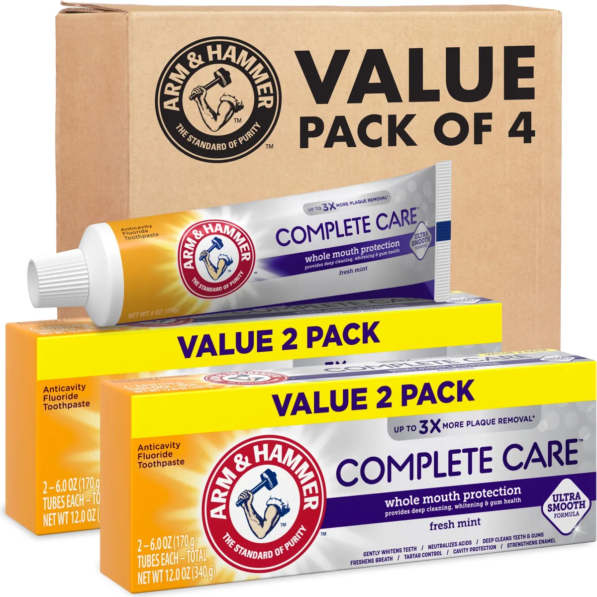Four white 6.0 oz toothpaste tubes in a rectangular carton