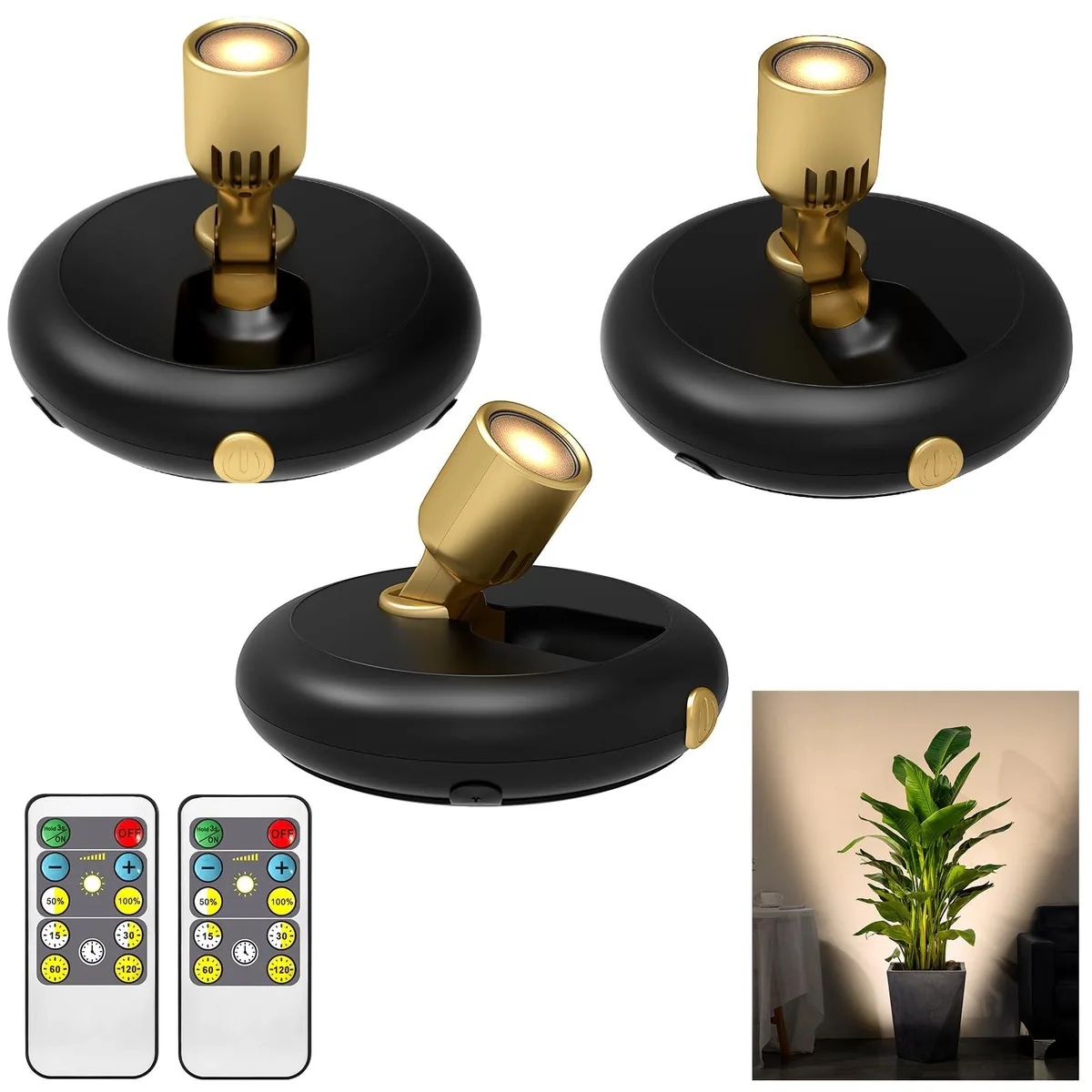 Three white cylindrical LED spotlights with clear prismatic lenses and remote control