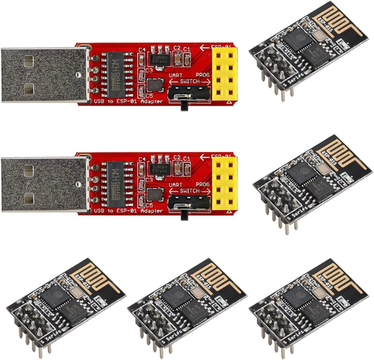 globalcrown globalcrown ESP8266 ESP-01S 4MB Wi-Fi adapter kit (2 programmers + 5 modules) — product photo