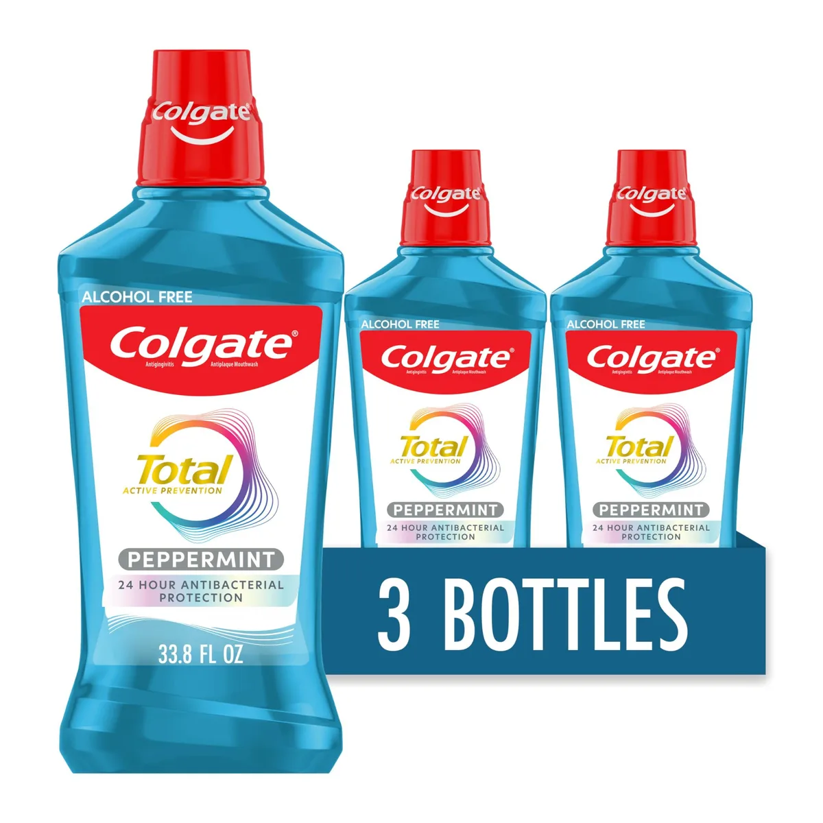 Three white 33.8 fl oz peppermint mouthwash bottles in a pack