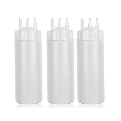 Three white 16oz polypropylene squeeze bottles with three-hole caps