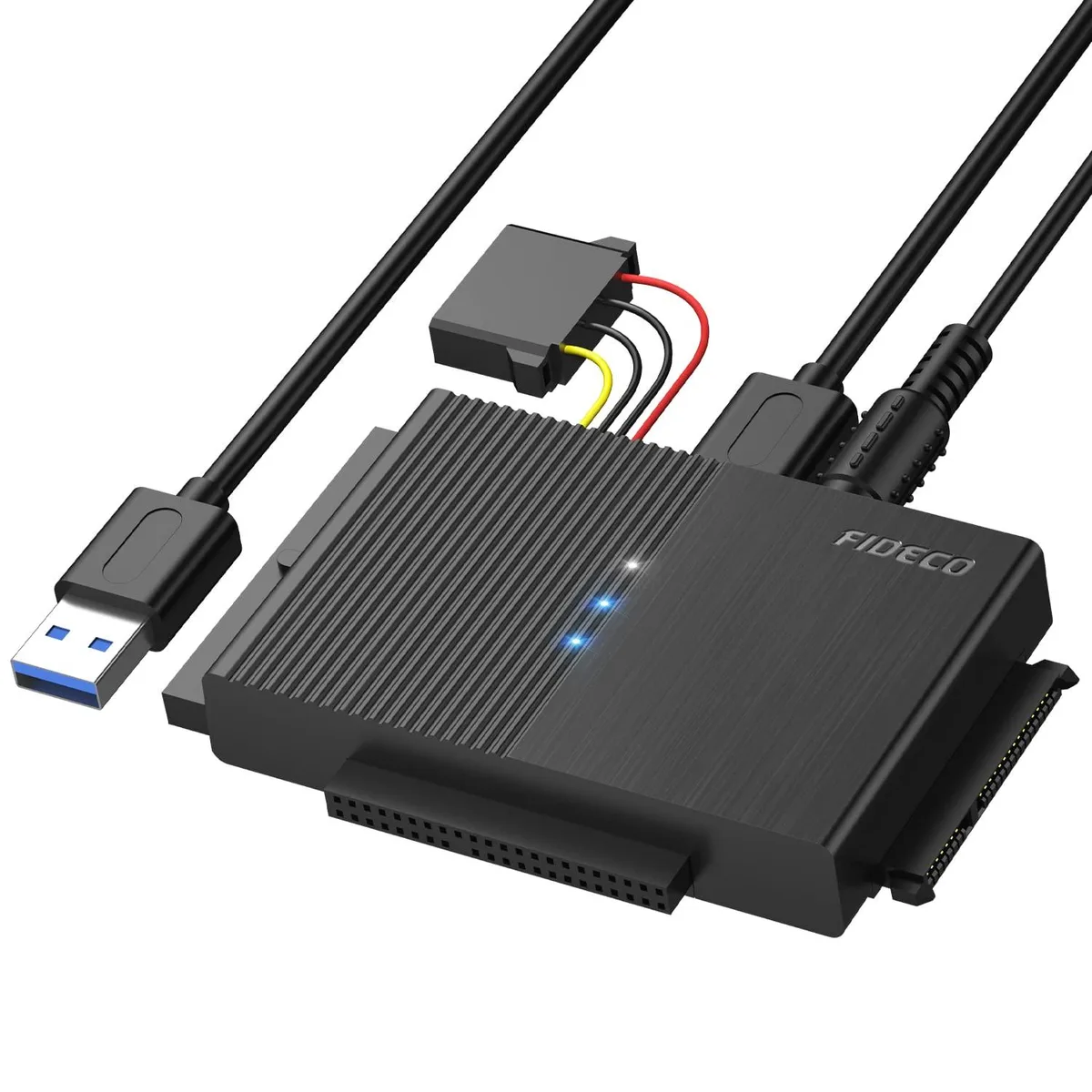 Black rectangular USB 3.0 adapter with SATA and IDE connectors and 12V power supply