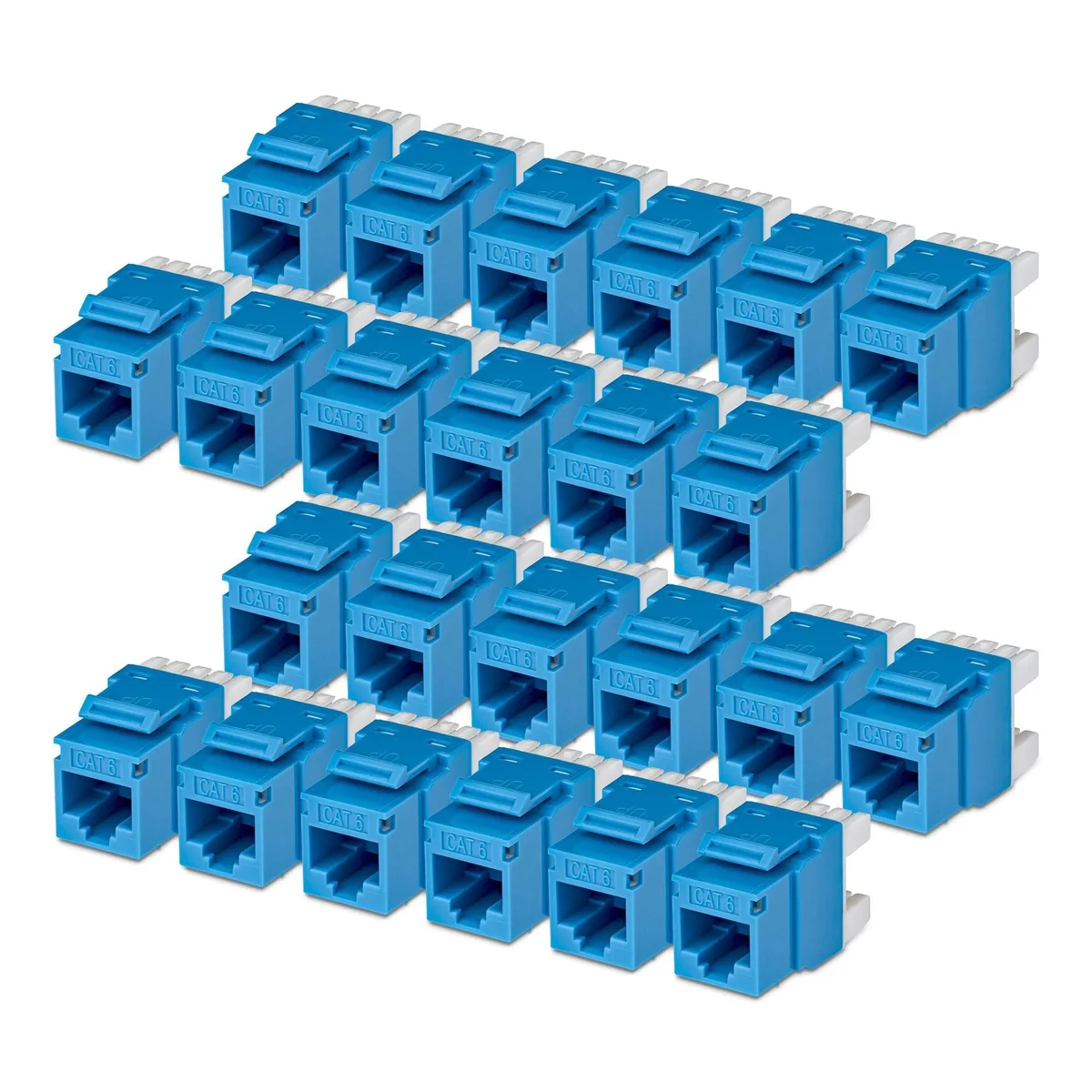 A box containing twenty-four white keystone jacks with gold contacts, 45 characters