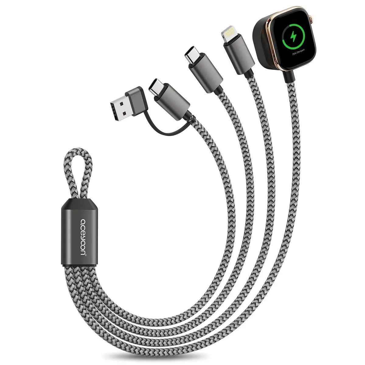 Short nylon-braided cable with USB-C plug, Lightning and Apple Watch connectors