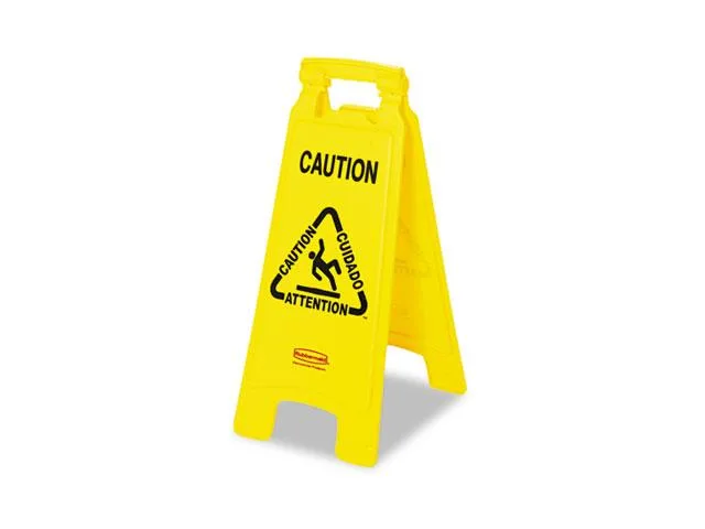 Yellow plastic A-frame caution sign with wet floor symbol on both sides