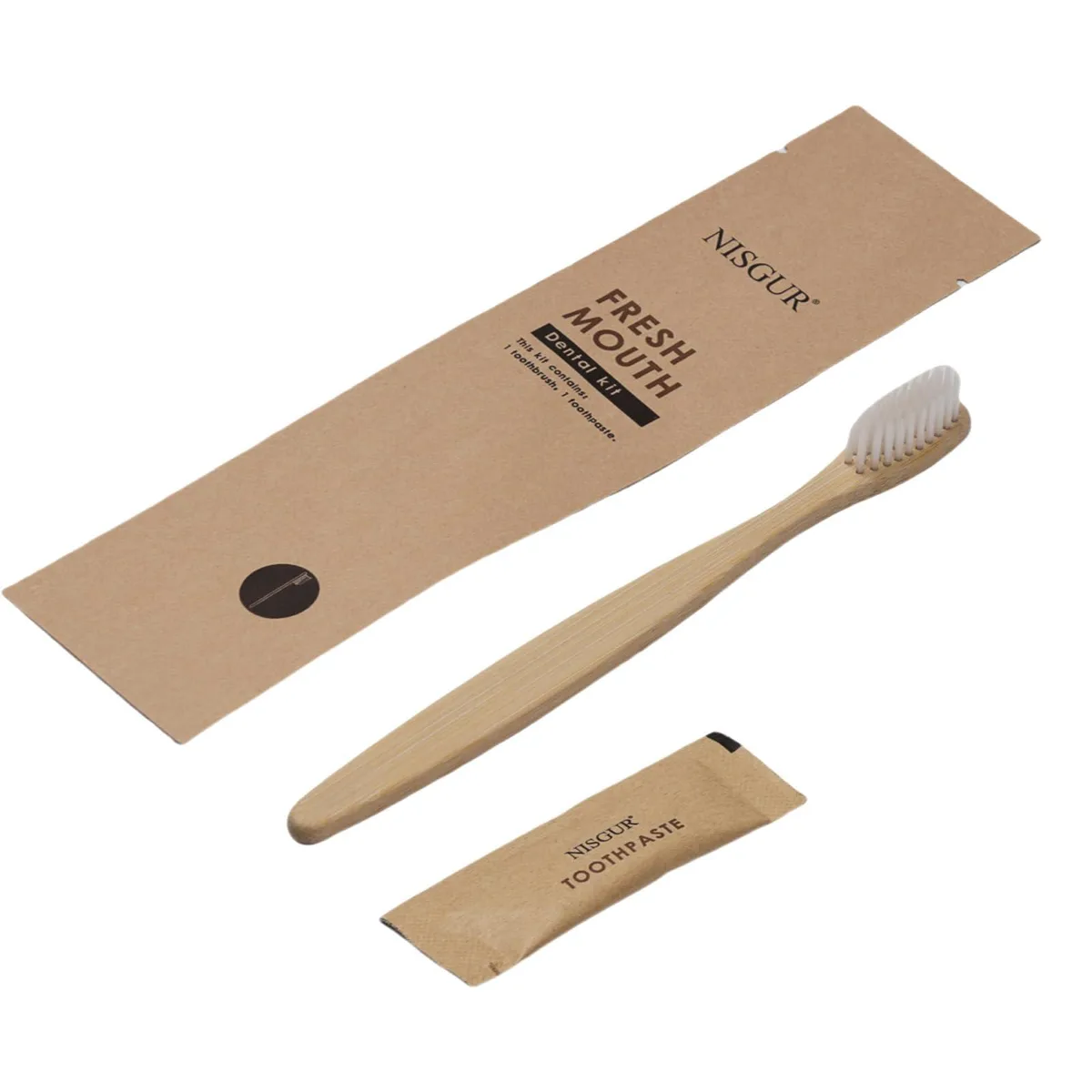 A cardboard box containing one hundred individually wrapped bamboo toothbrushes each paired with a small tube of toothpaste