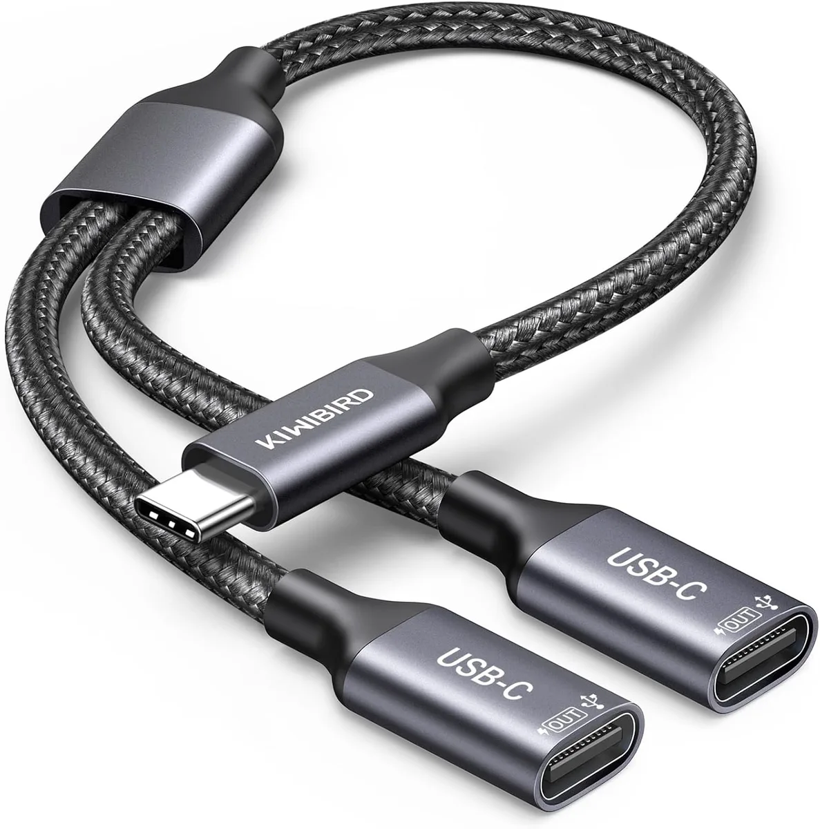 Short Y-shaped USB-C splitter cable with one male plug and two female ports