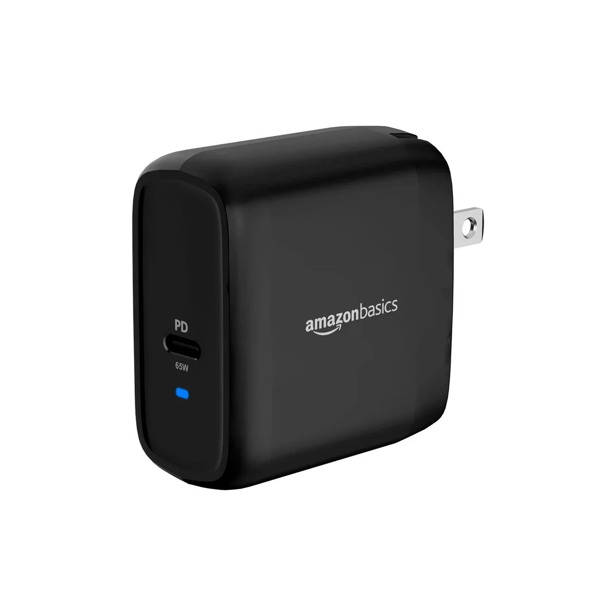 Compact black GaN USB-C wall charger with foldable plug and blue LED indicator