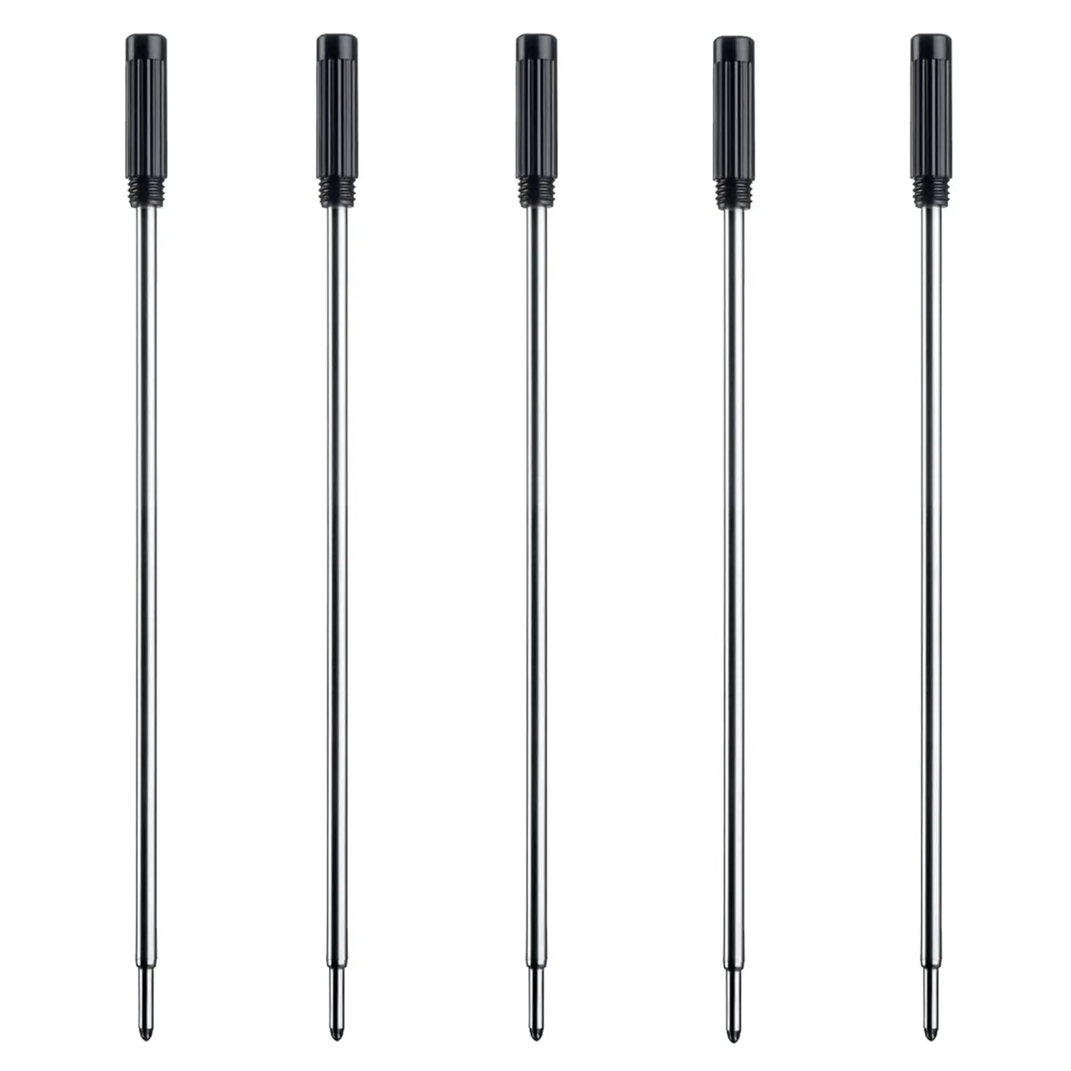 Five metal ballpoint refills with black 1.0 mm tips, 4.5 inches long