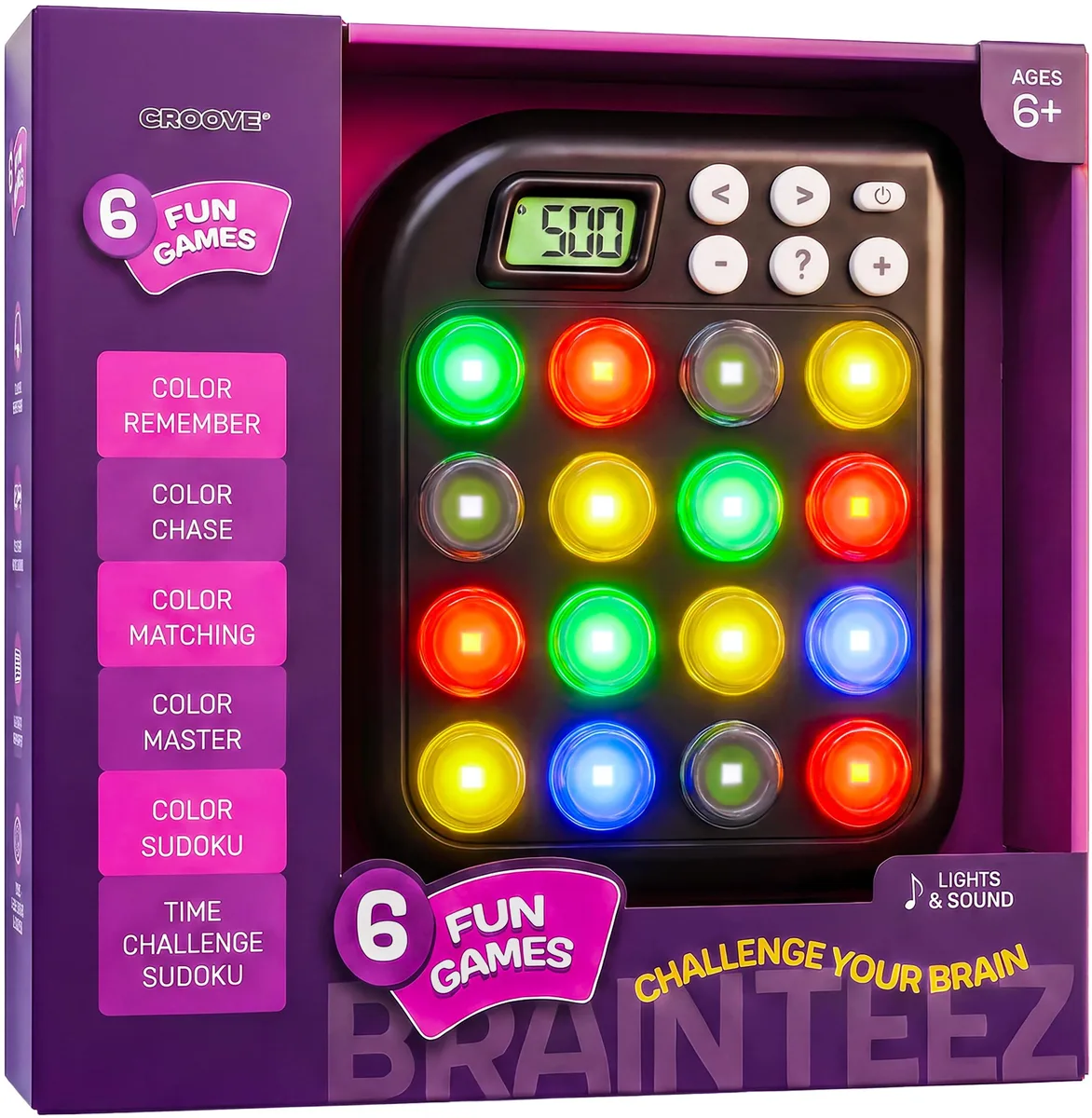 Black handheld electronic game unit with light-up buttons and compact rectangular shape