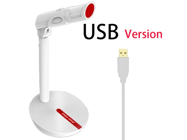 White USB microphone on a flexible gooseneck stand with 360° rotating base and volume button
