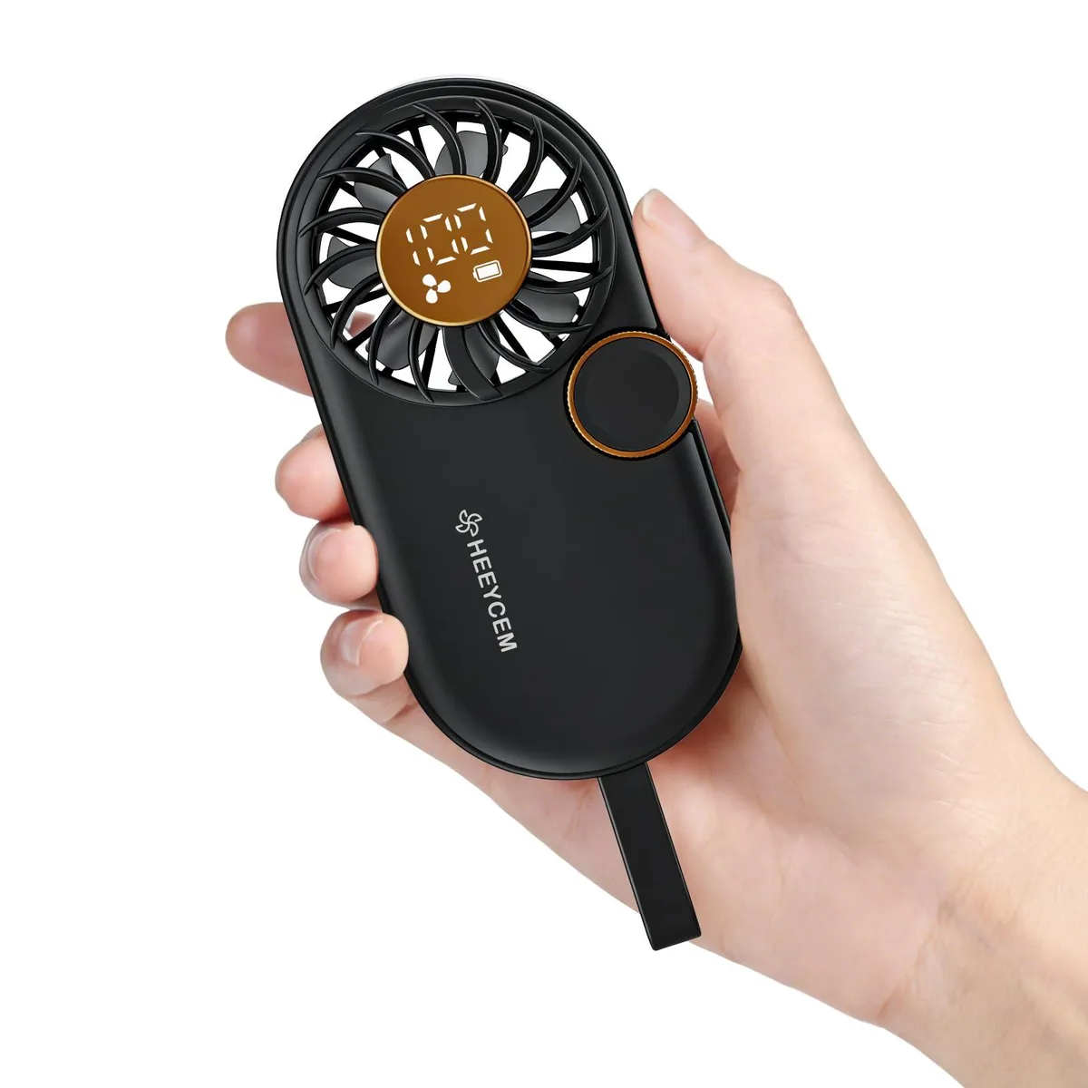 Silver handheld fan with 7 blades and smart LED display