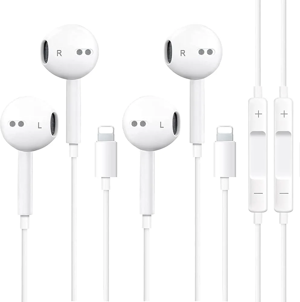Two white Lightning earbuds with inline remote and tangle-free cables