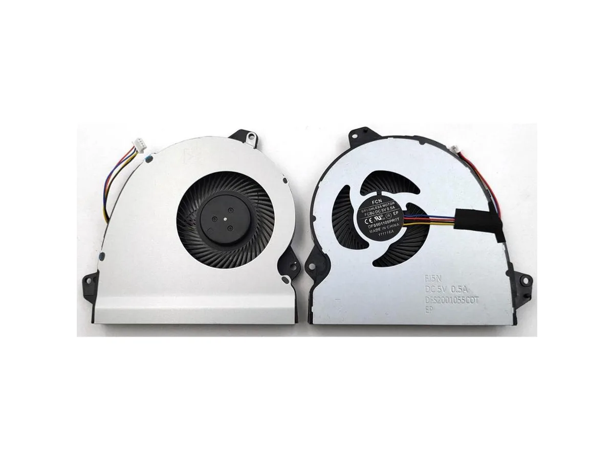 Small black laptop CPU cooling fan with plastic housing and wire connector