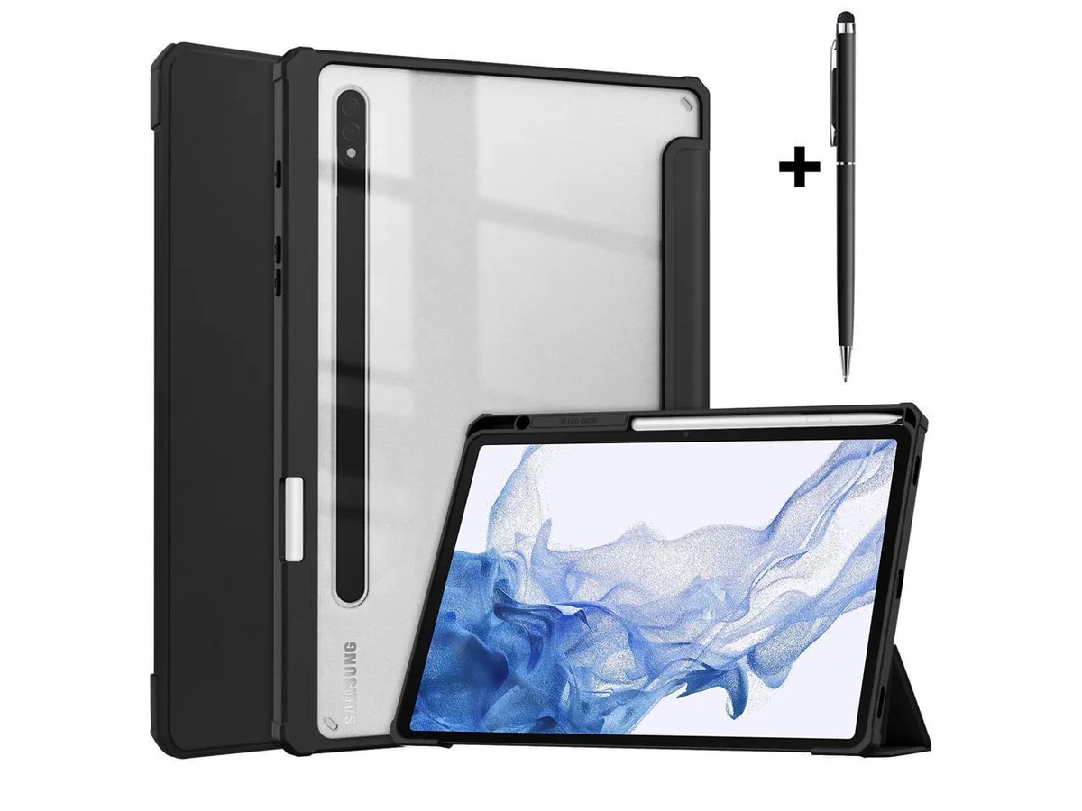 Sky Blue trifold tablet case with transparent back and S-Pen holder