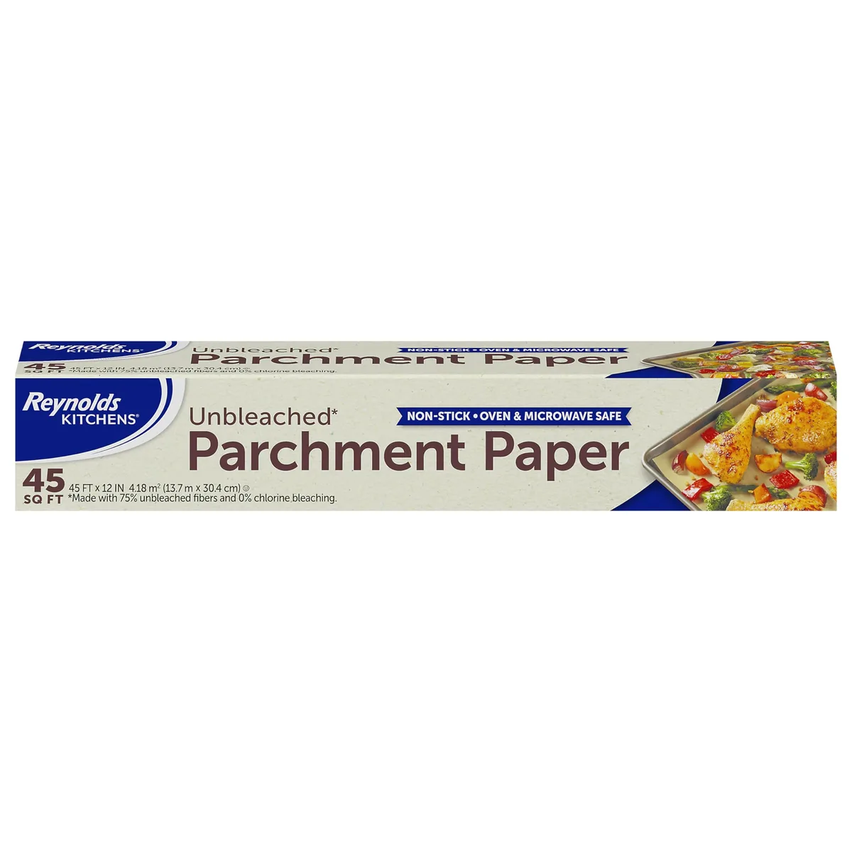 A brown unbleached parchment paper roll in a rectangular box, 12 inches wide by 45 feet long