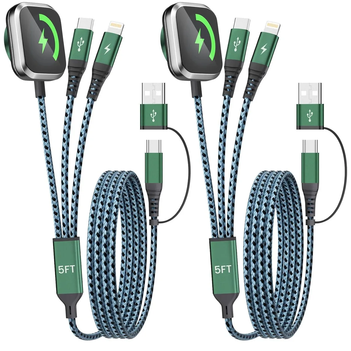 Two braided multi charging cables with Lightning watch and USB-C connectors