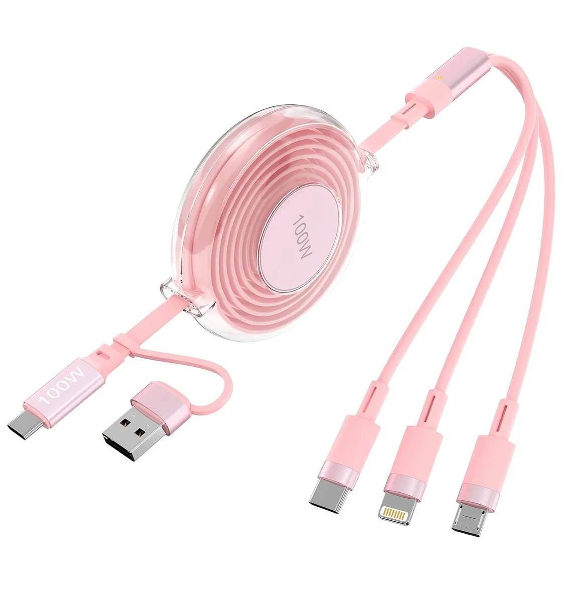 Mobee Mobee 3-in-1 Retractable Charging Cable 100W USB-C/A to Lightning/USB-C/Micro USB Pink — product photo