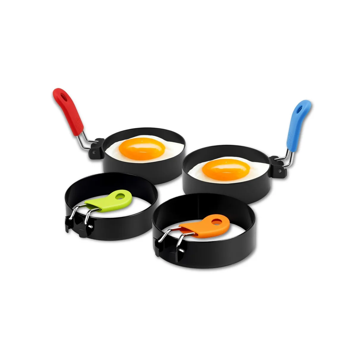 Four stainless steel egg rings with foldable silicone handles