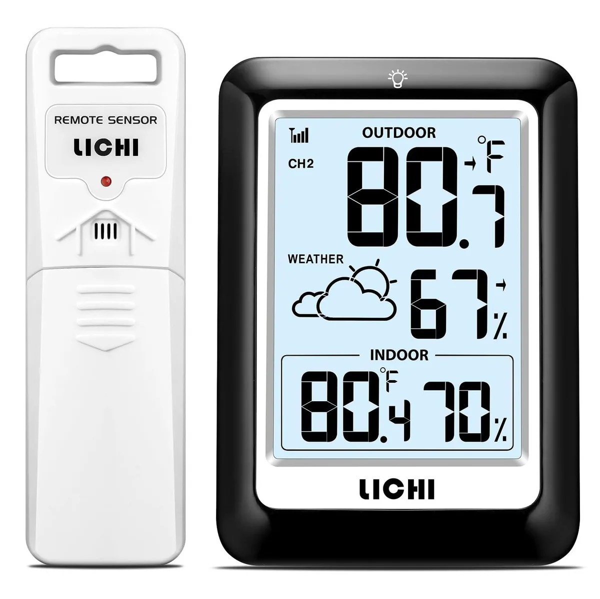 Black rectangular wireless thermometer hygrometer unit with large backlit display showing temperature and humidity readings