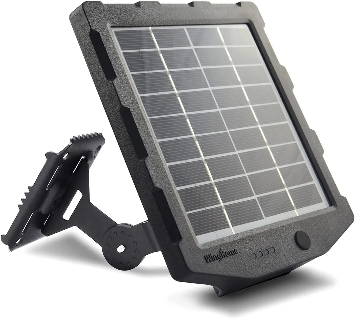 Rectangular black solar panel with built-in battery, mounting bracket and cables