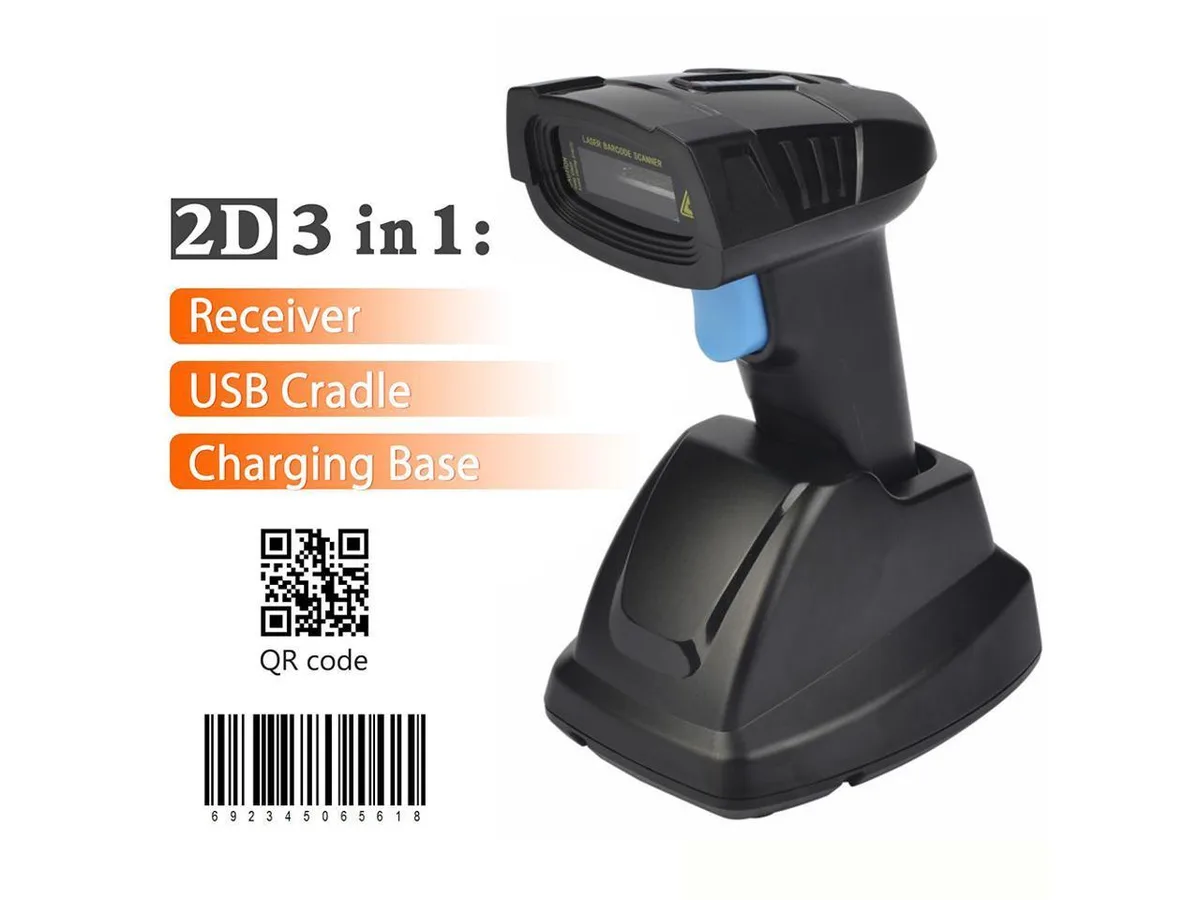 Handheld wireless barcode scanner with USB cradle charging base