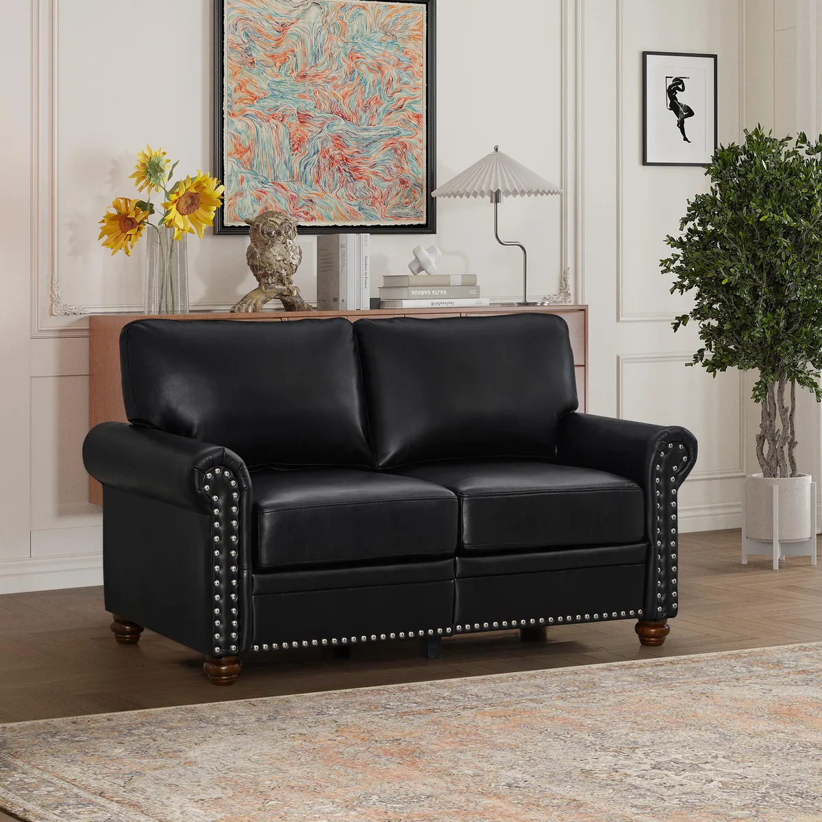 tuphen tuphen Loveseat Sofa Black PU Leather Storage — product photo