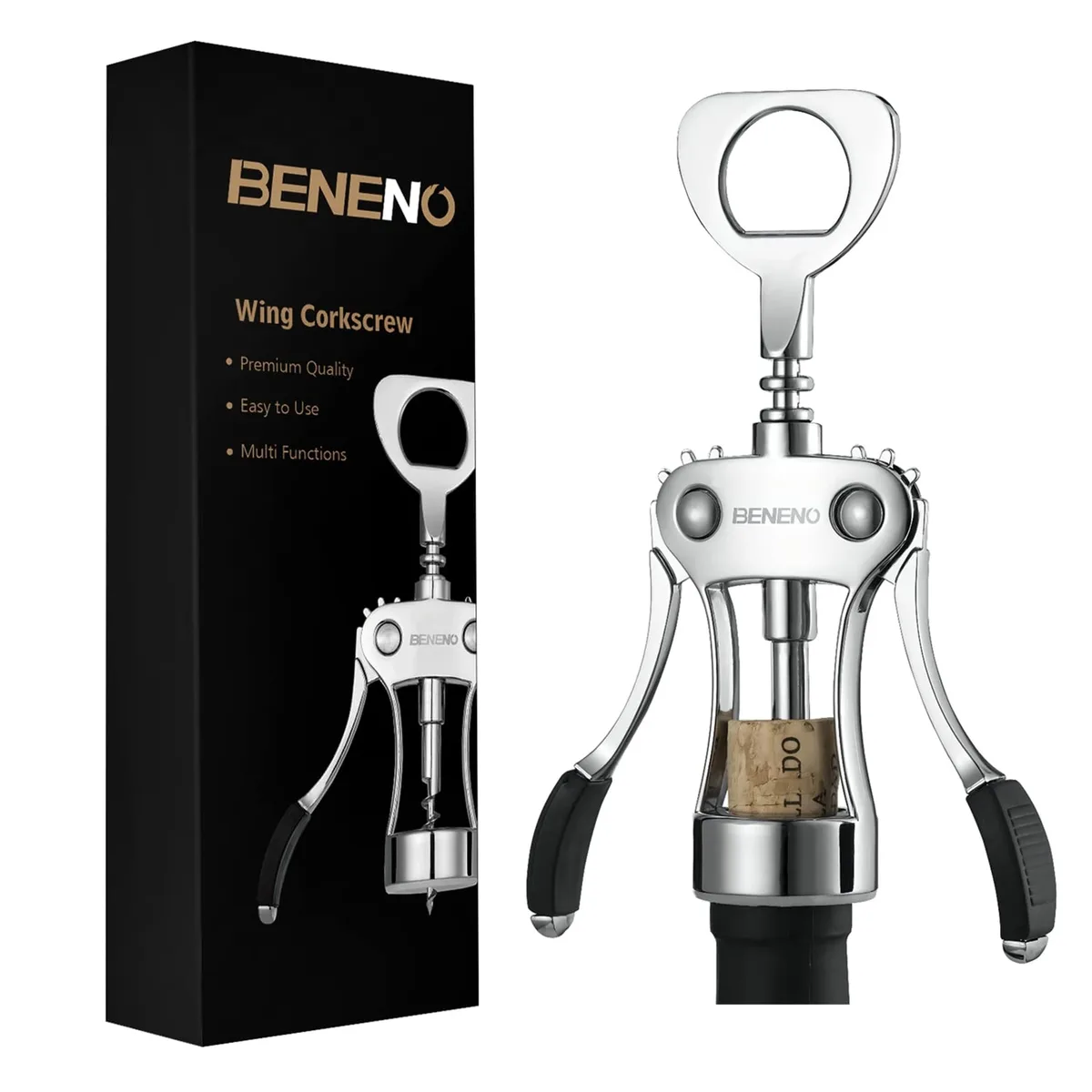 Silver zinc-alloy wing corkscrew with built-in bottle opener