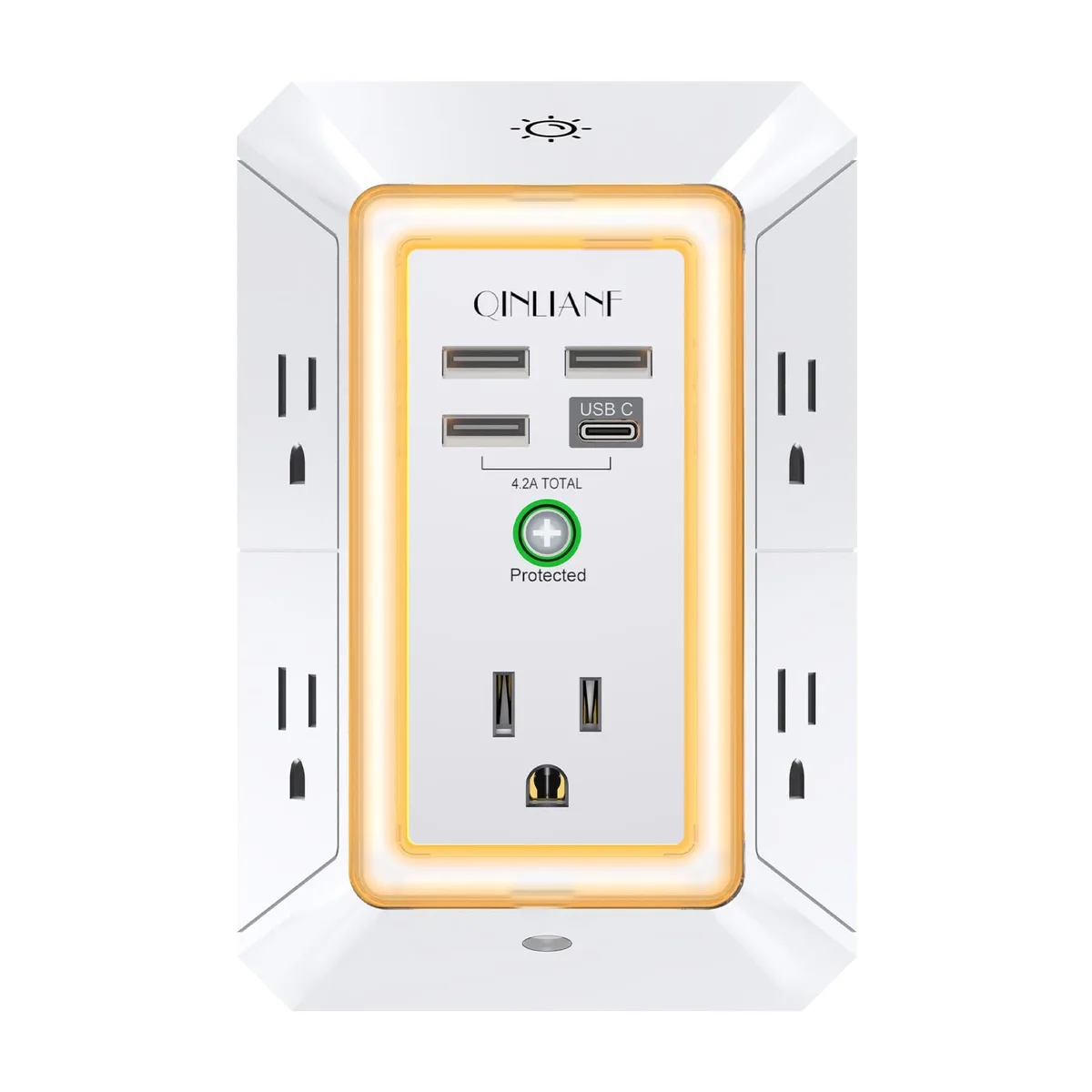 3-Sided Outlet Extender Night Light 5 Outlets 4 USB 1 USB-C 15A 1680J White — product photo