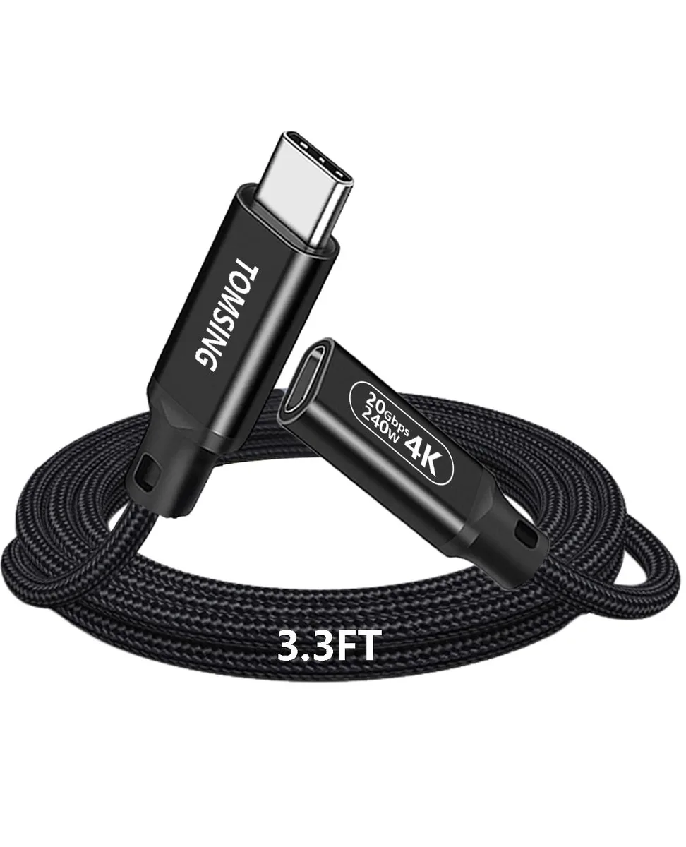 Black braided USB-C male-to-female extension cable, 3.3 ft