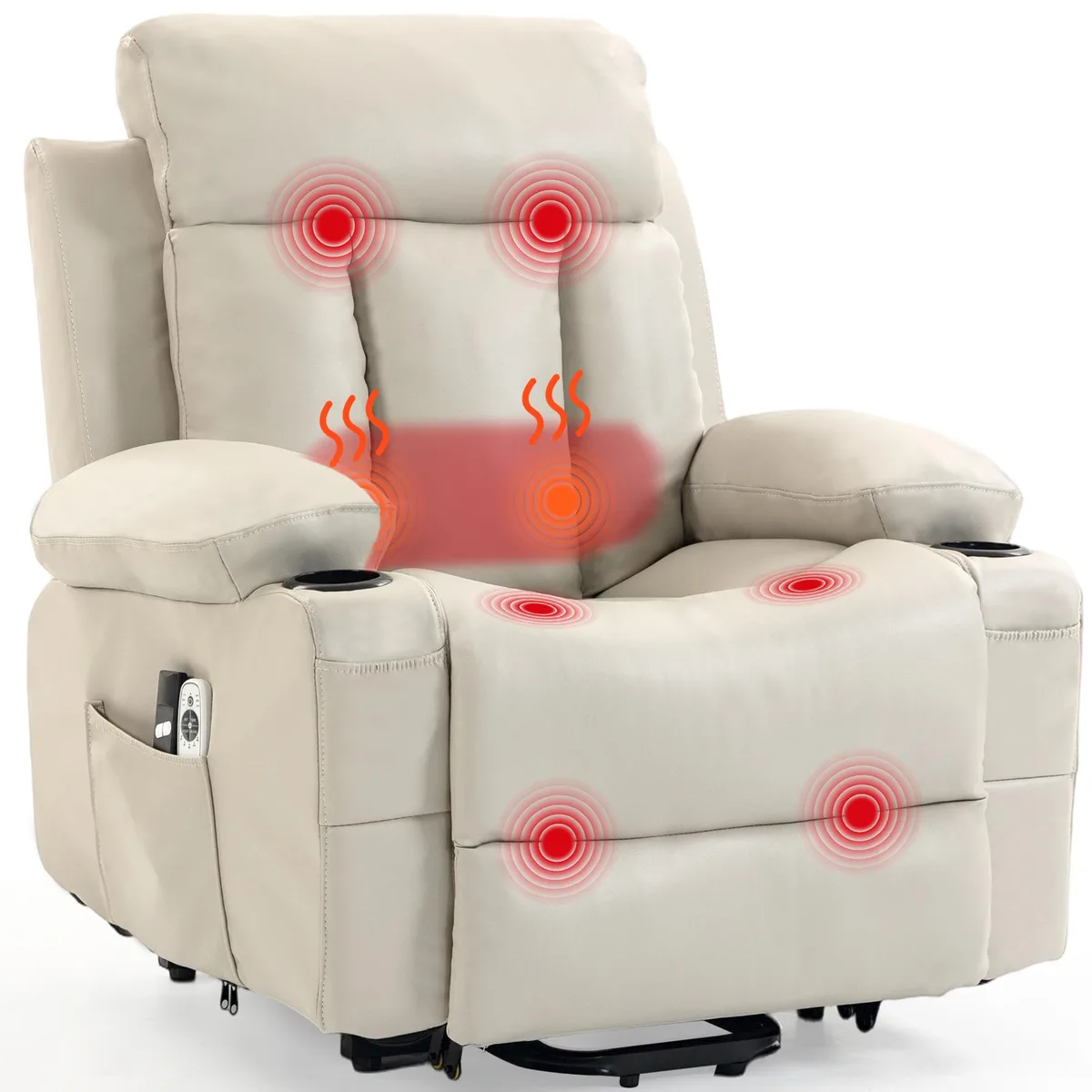 Beige power lift recliner in PU leather with side cup holders and storage pockets