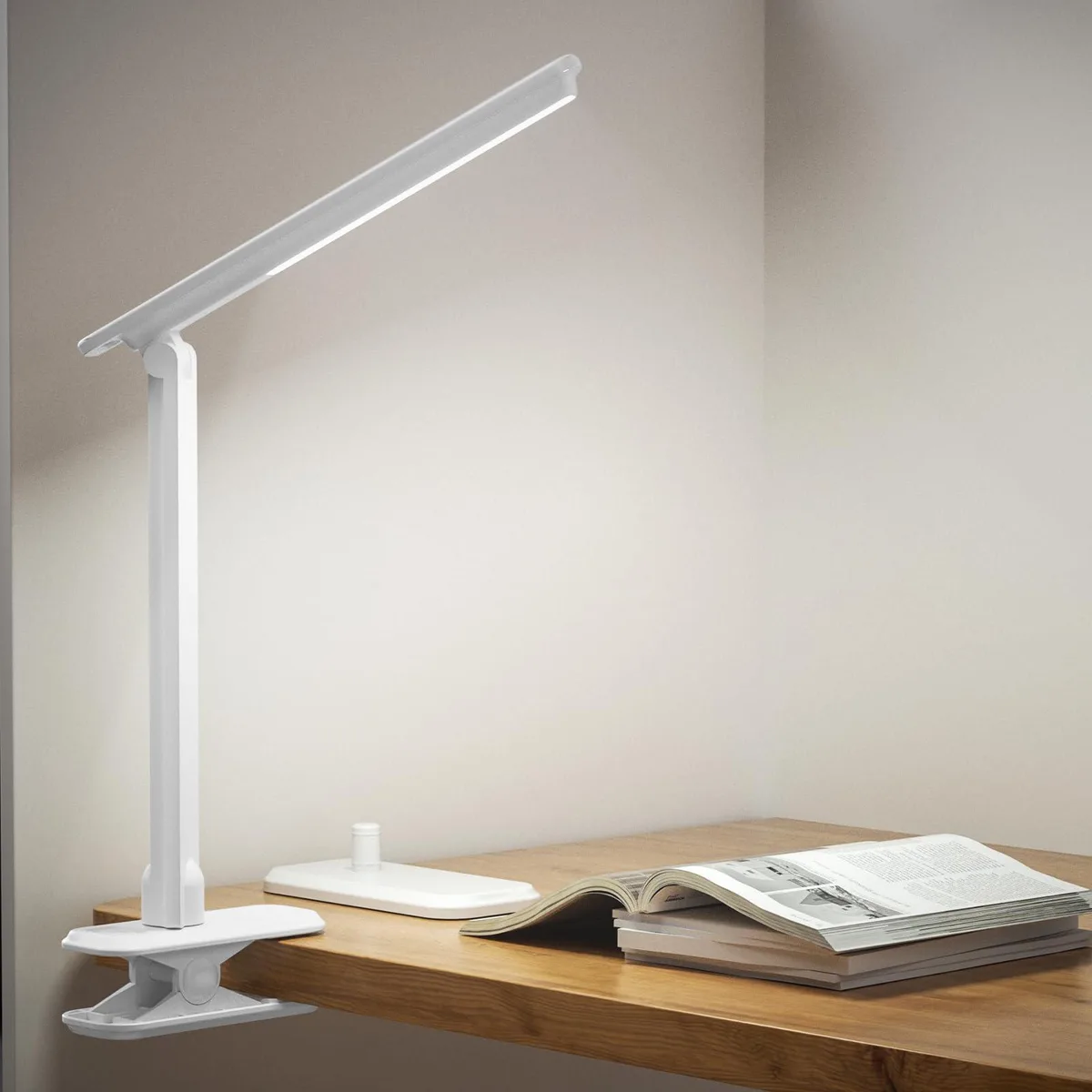 ANNAITE LED desk lamp with clip and base, polished finish, foldable arm, 360° rotation