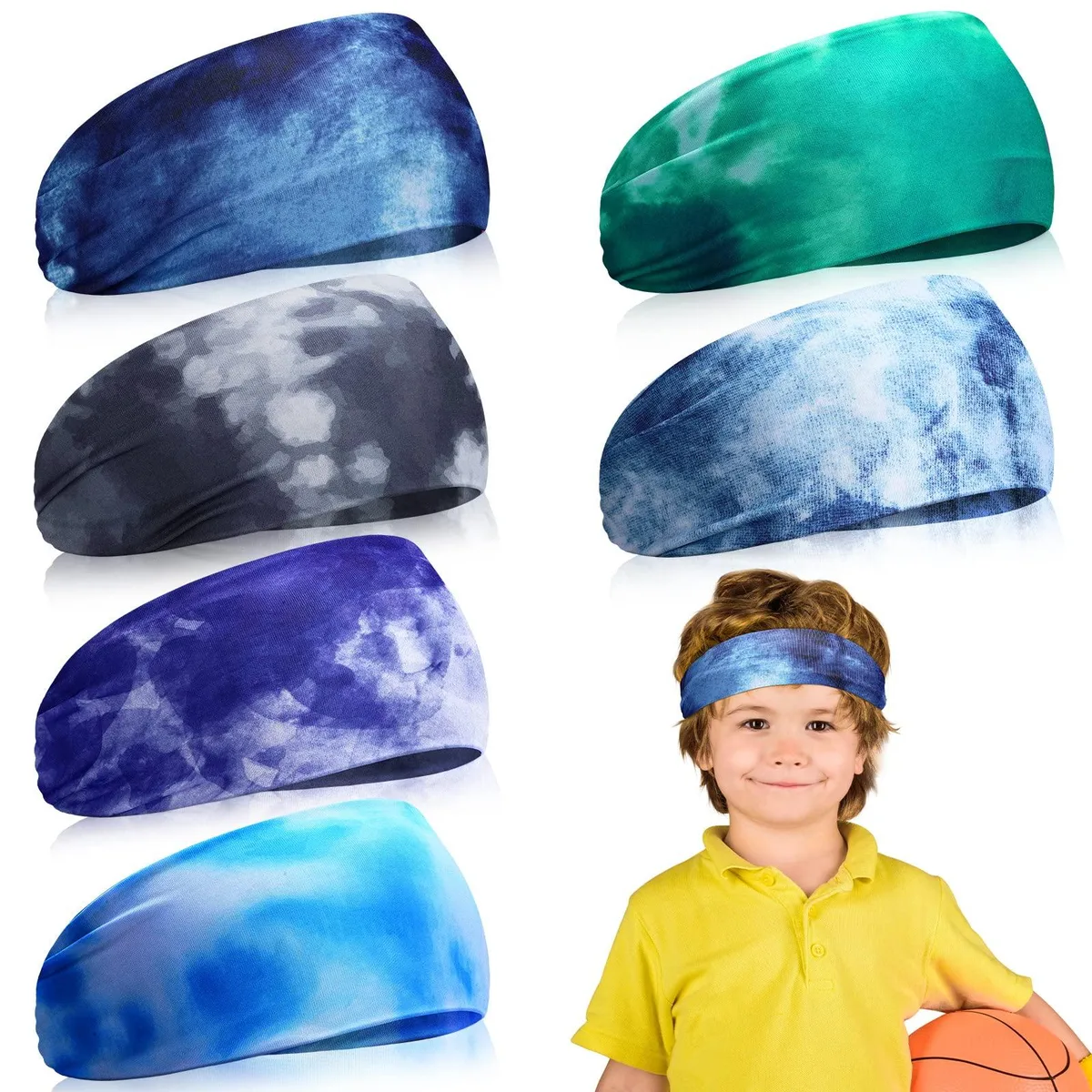 Six tie-dye elastic headbands for kids, 16.5 inches