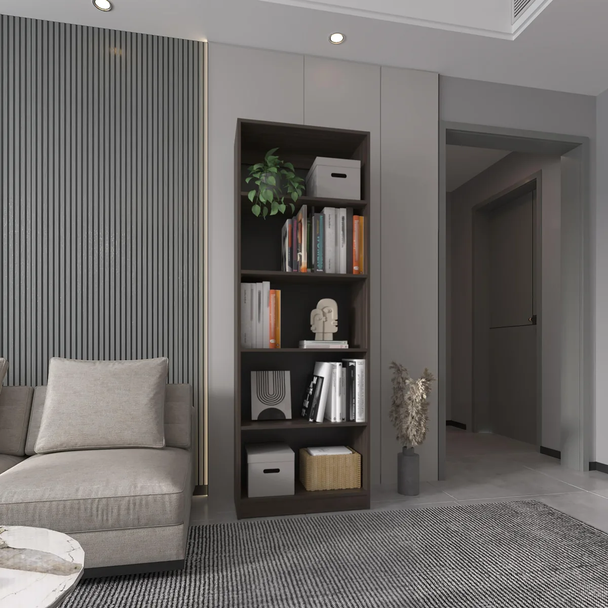 Tall four-shelf bookcase in stained walnut finish, slim open-frame design