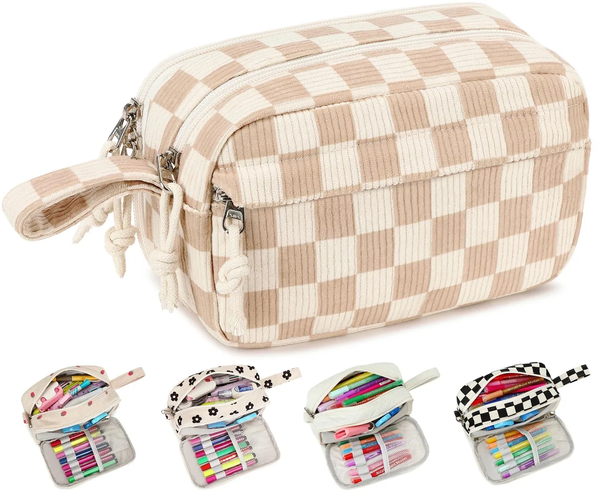 Brown checked polyester pencil bag with three compartments and carry handle