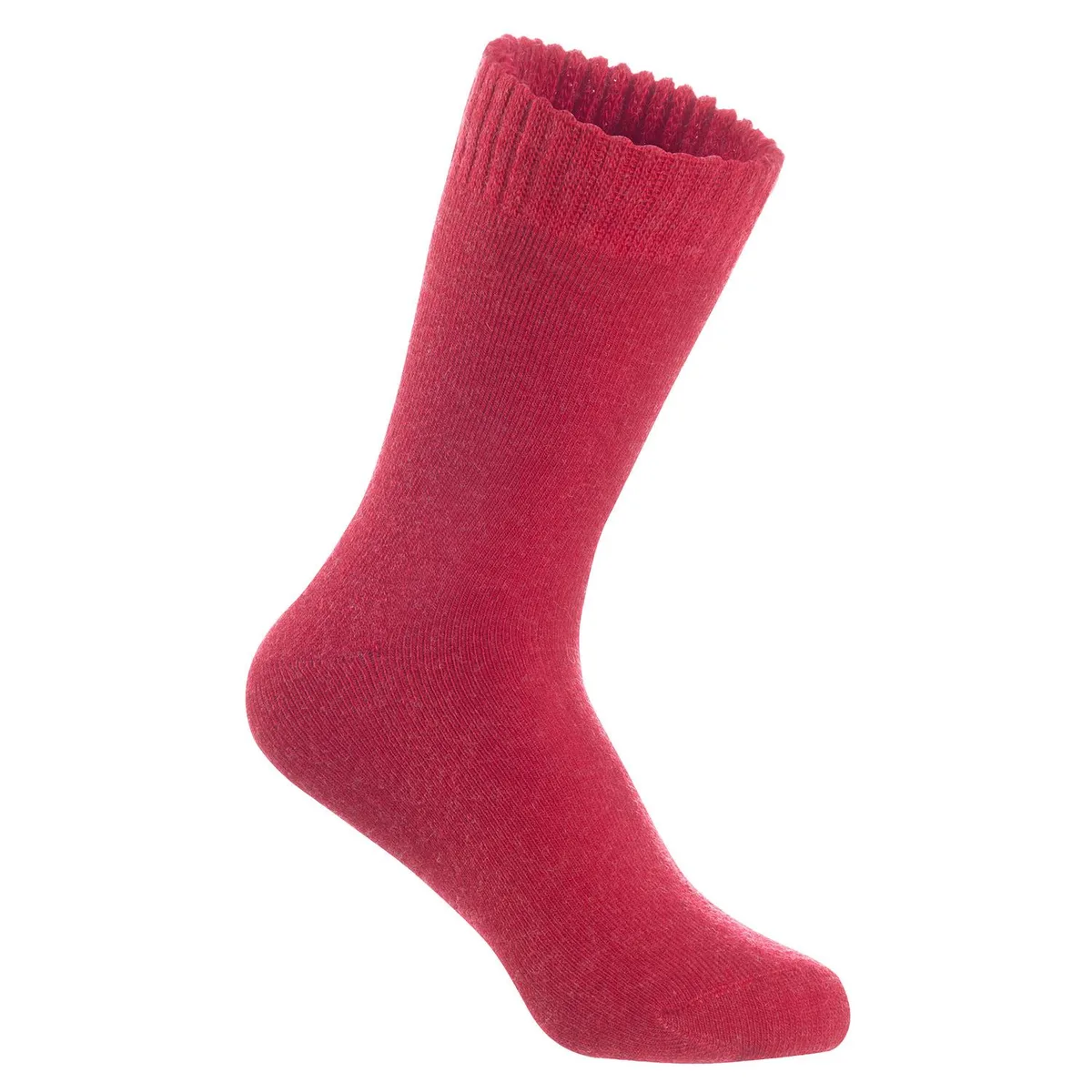 A pair of red wool crew socks, ribbed cuffs, folded flat