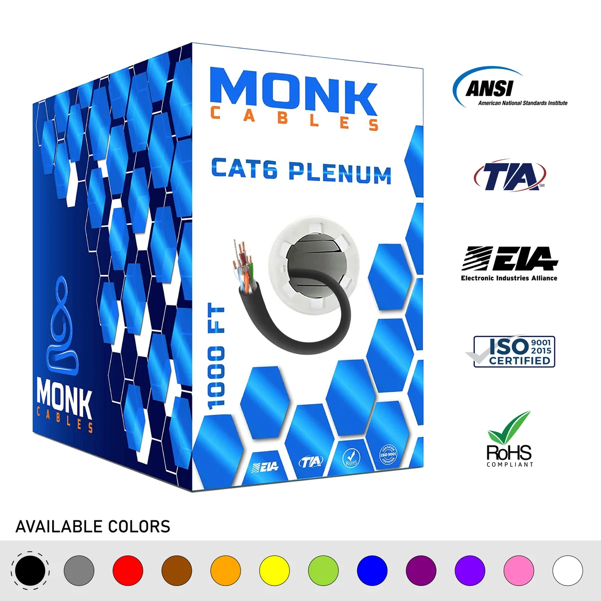 Monk Cables Monk Cables CAT6 Plenum 1000ft 23AWG 550MHz UTP Black network ethernet cable — product photo