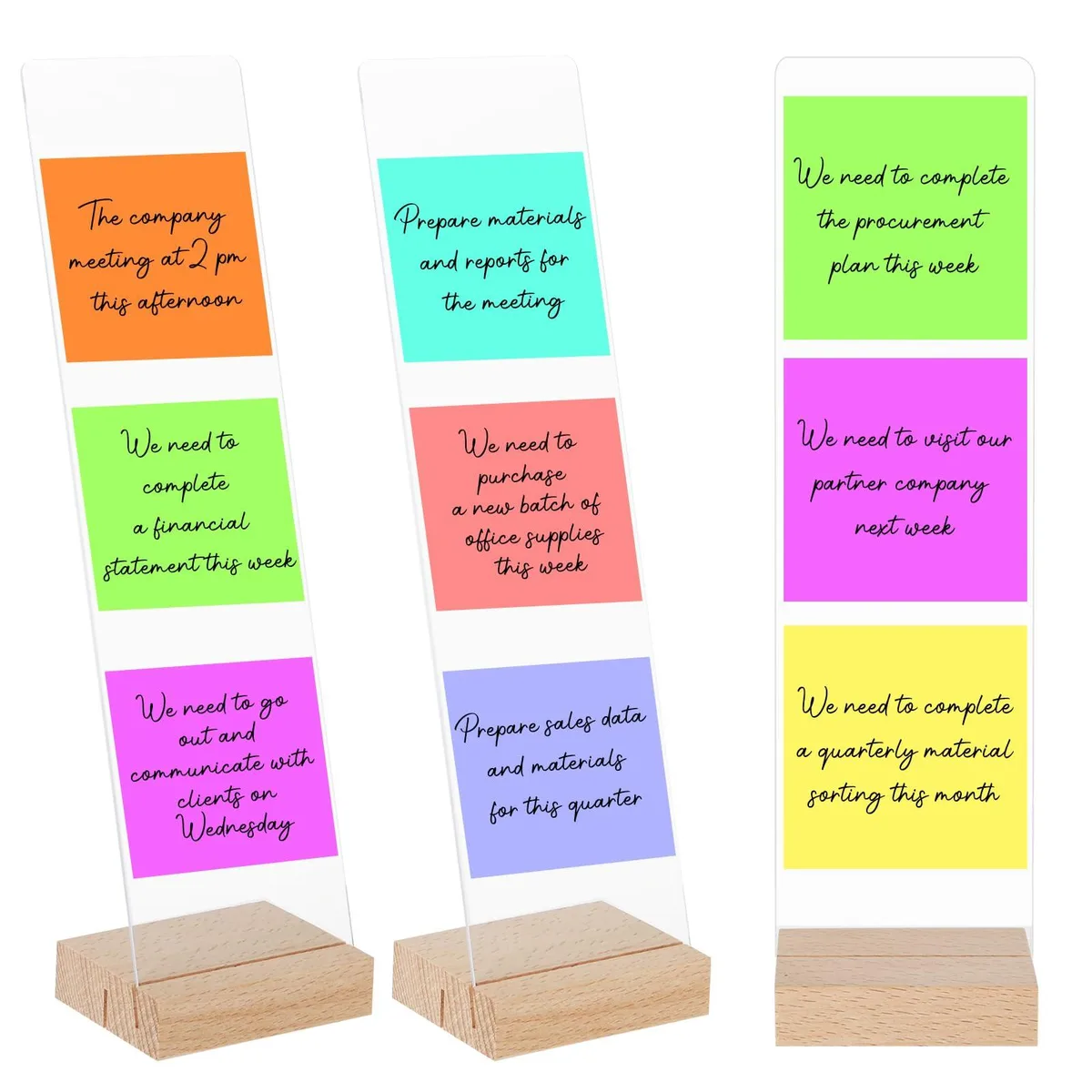 Three clear acrylic panels on light brown wooden bases, packaged in a set of three