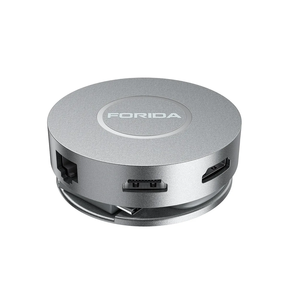 Compact silver docking station with dual HDMI ports, Ethernet, USB-C power, USB-A ports, and micro SD slot